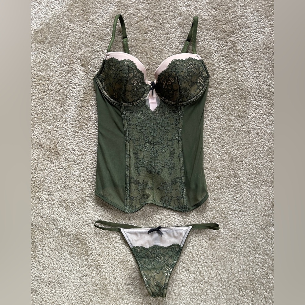 Olive Green Lace Bustier Set with Blush Accents
